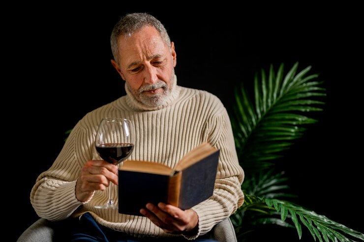 Individual reads a book while sipping wine