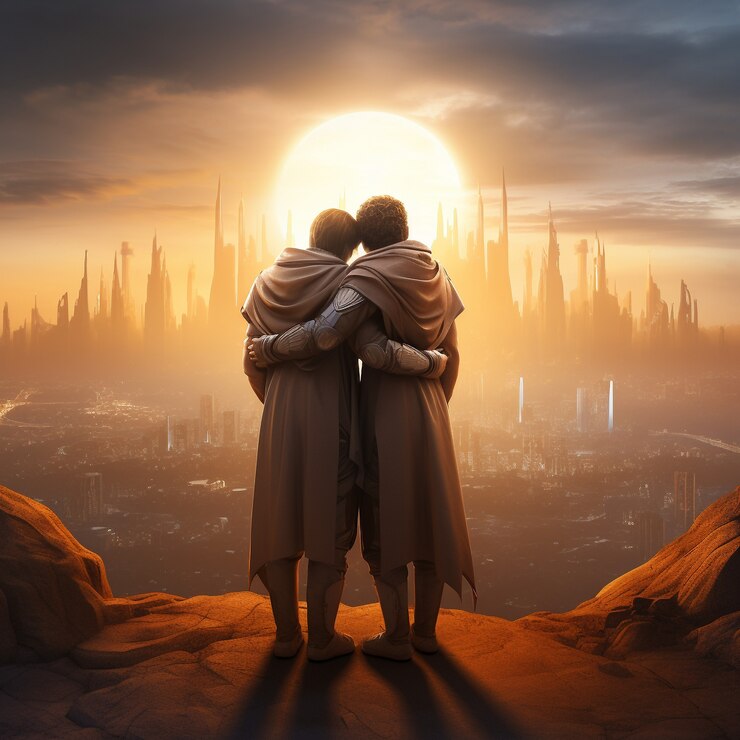 Two individuals hugging watching the sunset