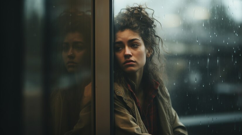 young woman staring outside, looking sad