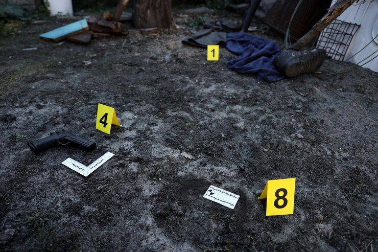 A picture of a crime scene with a gun