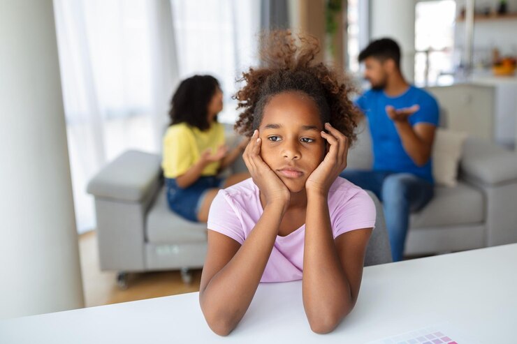 Child looks worried as her parents talk behind her